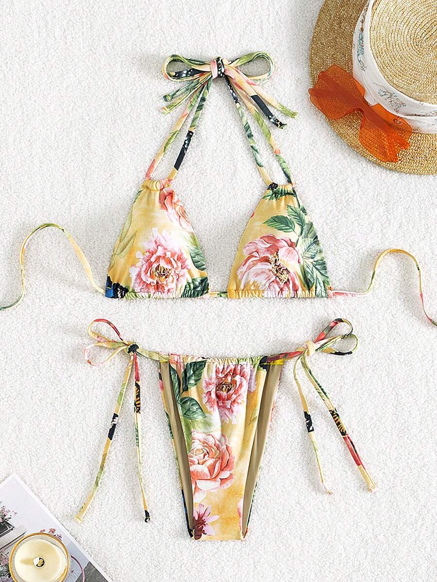 SHEIN Swim Conjunto de bikini de escote de halter con estampado floral para mujer, para la playa de verano - Multicolor - Ver 1