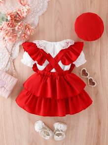 Baby Girl Lace Collar Puff Sleeve Top And Ruffle Hem Dress Set - Red - View 2