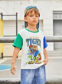 SHEIN Young Boys' Loose Fit Casual Round Neck Color Block T-Shirt With Letter Print