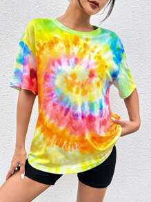 SHEIN EZwear Camiseta De Hombro Caído Tie-dye