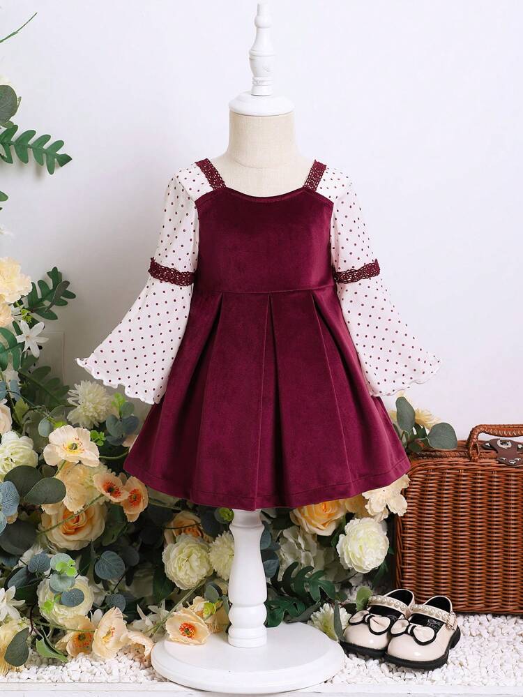 Baby Girl Colorblock Velvet Bell Sleeve Dress