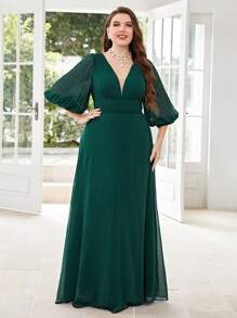 UNITHORSE Plus Size Deep V Neck Long Sleeve Pleated Chiffon Formal Dress - Dark Green - View 4