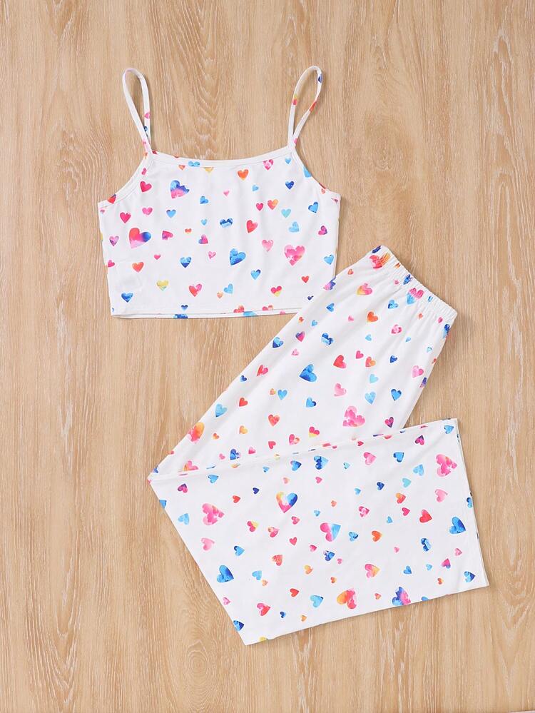 Teen Girls' Knitted Colorful Heart Pattern Cami Top And Long Pants Casual Homewear