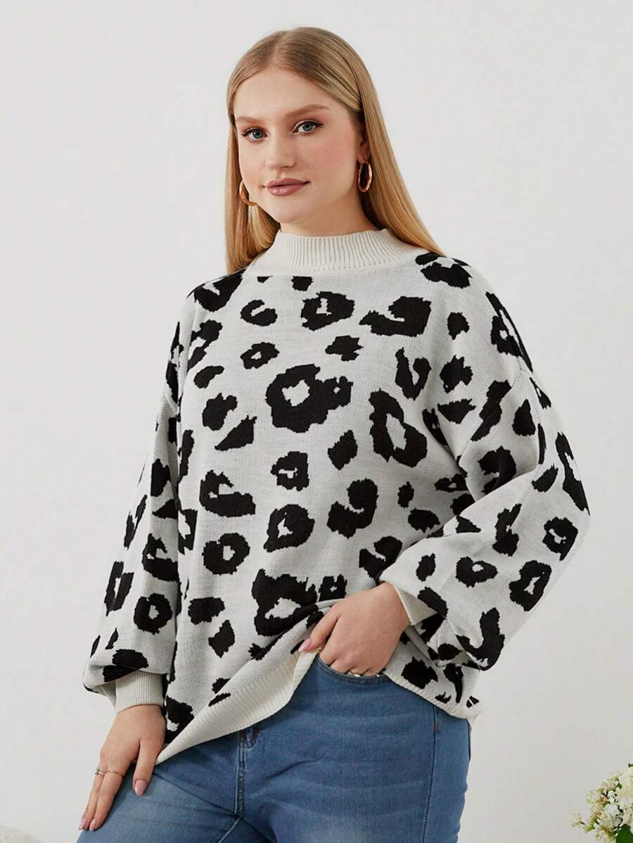 SHEIN Cottnline Suéter De Talla Grande Con Estampado De Leopardo Y Mangas De Lámpara - Blanco - Ver 1