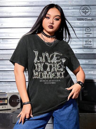 Grunge Punk Plus Size Slogan Graphic Washed Summer T-Shirt, LIVE IN THE MOMENT SOMETIMES YOU JUST HAVE TO LET GO, LIVE IN THE MOMENT, School