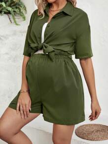 SHEIN Thai sản Màu thuần Ngắn tay Áo sơ mi Và Bộ quần short - xanh quân đội - Xem 4