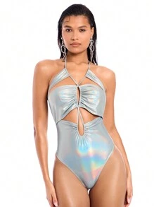 SHEIN BAE 銀色金屬包覆十字綁帶性感露背連身衣 - 銀色 - 查看 1