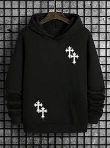 Sudadera Con Capucha Y Estampado De Cruz Para Hombre - Negro - Ver 1