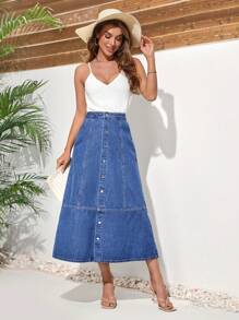 SHEIN LUNE Women's Solid Color Button Front Denim Skirt - Medium Wash - View 1