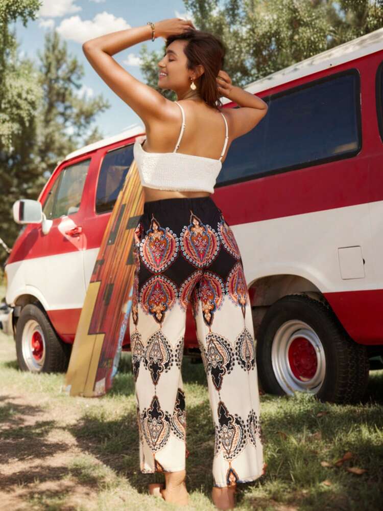 Women's Solid Color Camisole Top And Printed Pants Set
