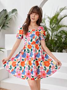 Teen Girls' Colorful Flower & Bowknot Square Neck Dress - Multicolor - View 4