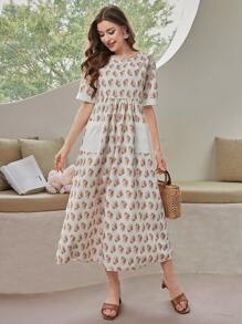 Seusyu 女性花卉印花雙口袋連衣裙 - 鏽棕色 - 查看 4