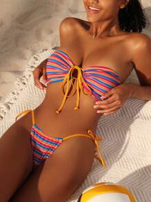 SHEIN Swim Women's Striped Bandeau Bikini Set Summer Beach - Multicolor - View 6