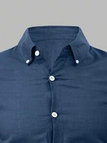 Manfinity Mode Men's Button Down Solid Color Long Sleeve Shirt, Fall - Navy Blue - View 6