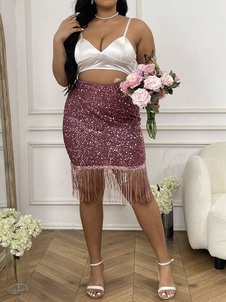 Franclia 大尺碼女裝亮片流蘇下擺半身裙 - 紫色 - 查看 3