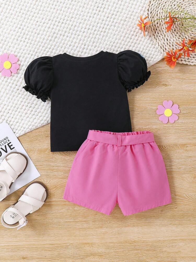 Baby Girl Cute Bubble Short Sleeve Top With Flower Print, Solid Belt Shorts Set For Summer Outfit