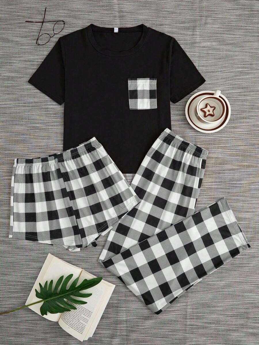 SHEIN 女士格紋睡衣套裝,附拼接口袋上衣和褲子 - 黑與白 - 查看 1