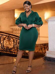 Plus Size Summer Elegant Solid Color Collar Ruched Sleeve Fitted Bodycon Dress - Green - View 5