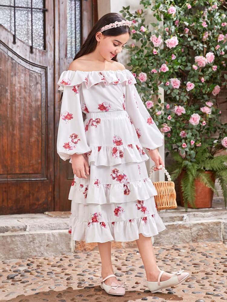 Tween Girl Off Shoulder Ruffle Crop Top With Floral Print And Tiered Flowy Skirt With Floral Print Set
