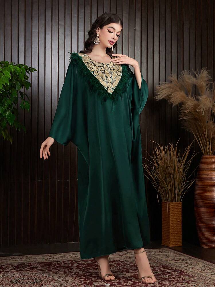 Women's Feather Patchwork Batwing Sleeve Turkish Long Shirt Kaftan Jalabiya Dress