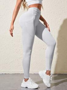 SHEIN Daily&Casual Women's Yoga Leggings With Pockets, High Waist Ruched Butt Lift Pants - Grey - View 3