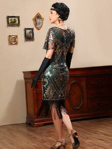 Vestido vintage de fiesta con lentejuelas, vestido de cóctel brillante con flecos estilo años 20, vestido de gala para boda - Verde Oscuro - Ver 2