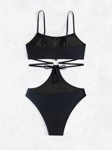 SHEIN Swim 女士露背鉤花單片泳衣 - 黑色 - 查看 3