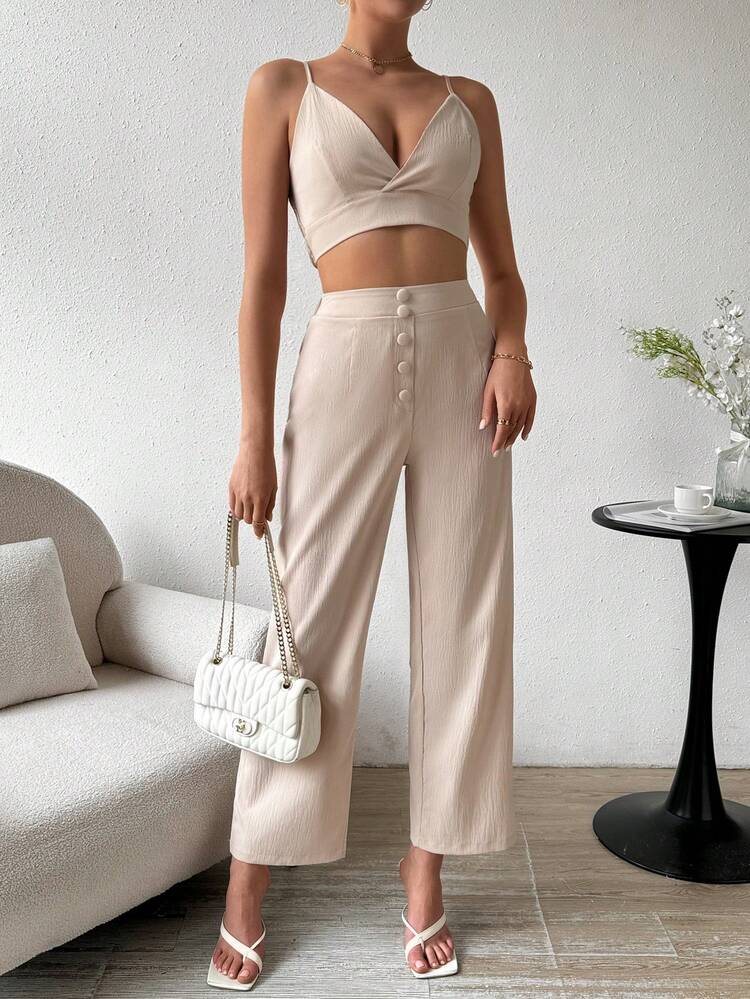 Women's Solid Color Sleeveless Camisole Top And Buttoned Loose Pants Two-Piece Set
