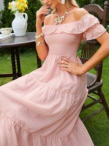 Simplee Women Off-The-Shoulder Ruffle Hem Dress - Pink - View 3