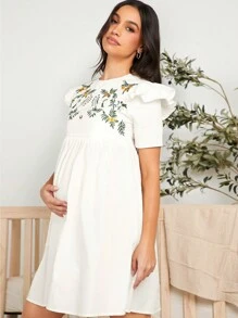SHEIN Maternity Nursing Dress With Plant Embroidery Design