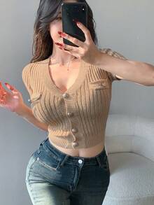 DAZY Cổ chữ V Nút xuống Ngắn tay Quần skinny Áo len Mở - Lạc đà - Xem 6