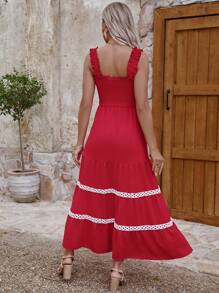 SHEIN Clasi Vestido De Alças Finas Com Ajuste De Renda Para Mulheres - Vermelho - Ver 2