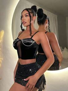 SHEIN SXY Women's Sleeveless Top With Rhinestone, Pearl And Chain Decorated Shoulder Straps - Black - View 4