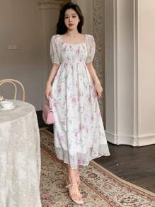 DAZY 女性花卉印花襯衫泡袖短裙,束腰設計 - 彩色 - 查看 1