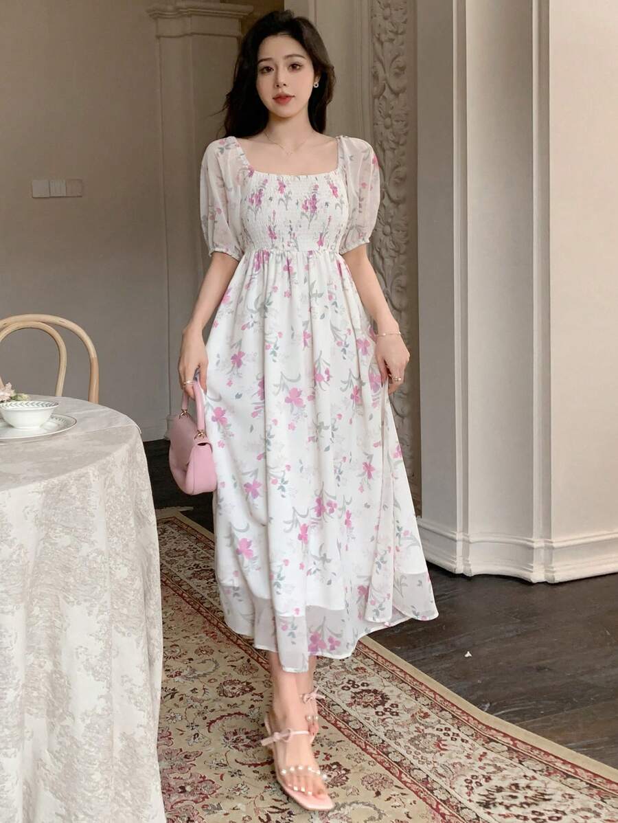 DAZY 女性花卉印花襯衫泡袖短裙,束腰設計 - 彩色 - 查看 1