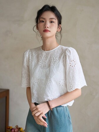 FRIFUL Top De Broderie Ajouré Pour Femme De Longueur Courte