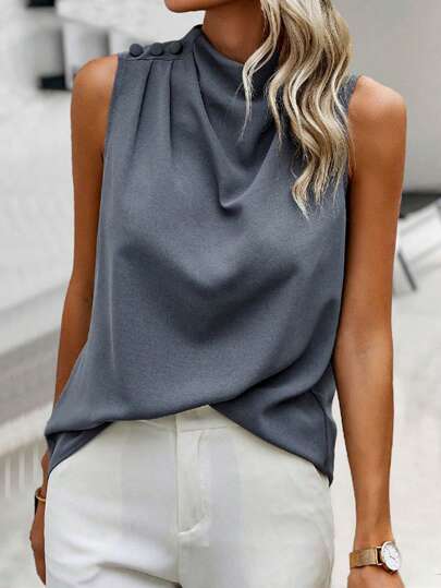 SHEIN Clasi Women'S Sleeveless Stand Collar Shirt,Sleeveless Tops