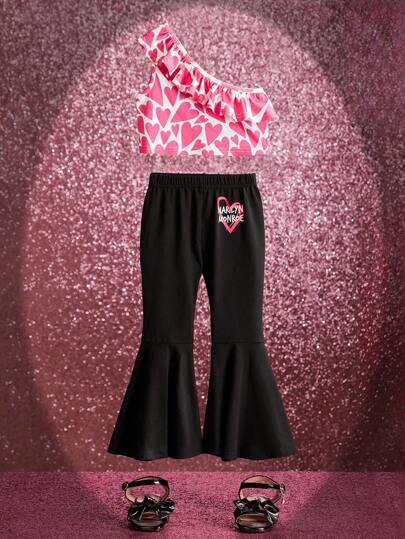 Marilyn Monroe X SHEIN 少女心印花一字肩上衣＆字母印花擺脚長褲