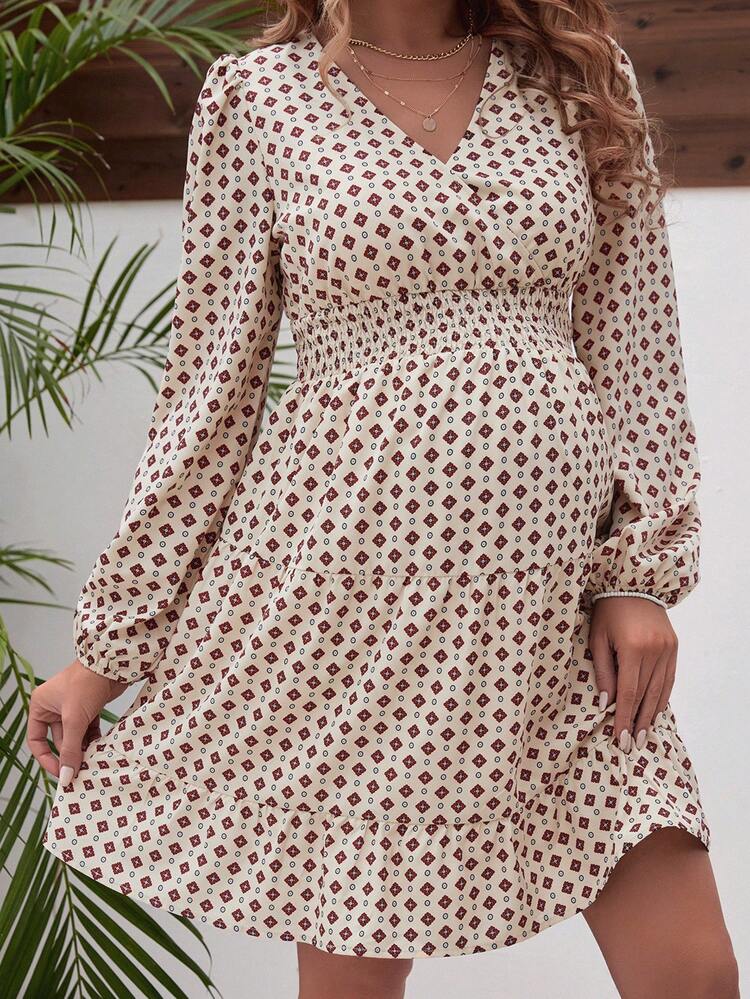 Pregnant Women's Geometric Printed Lantern Sleeve Dress For Maternity