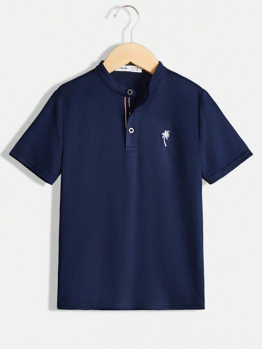 Tween Boy Casual Comfortable Stand-Up Collar Polo Shirt - Navy Blue - View 1