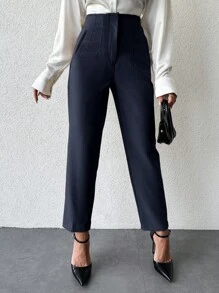 RueChic Ladies' Pure Color Tapered Suit Pants - Navy Blue - View 3