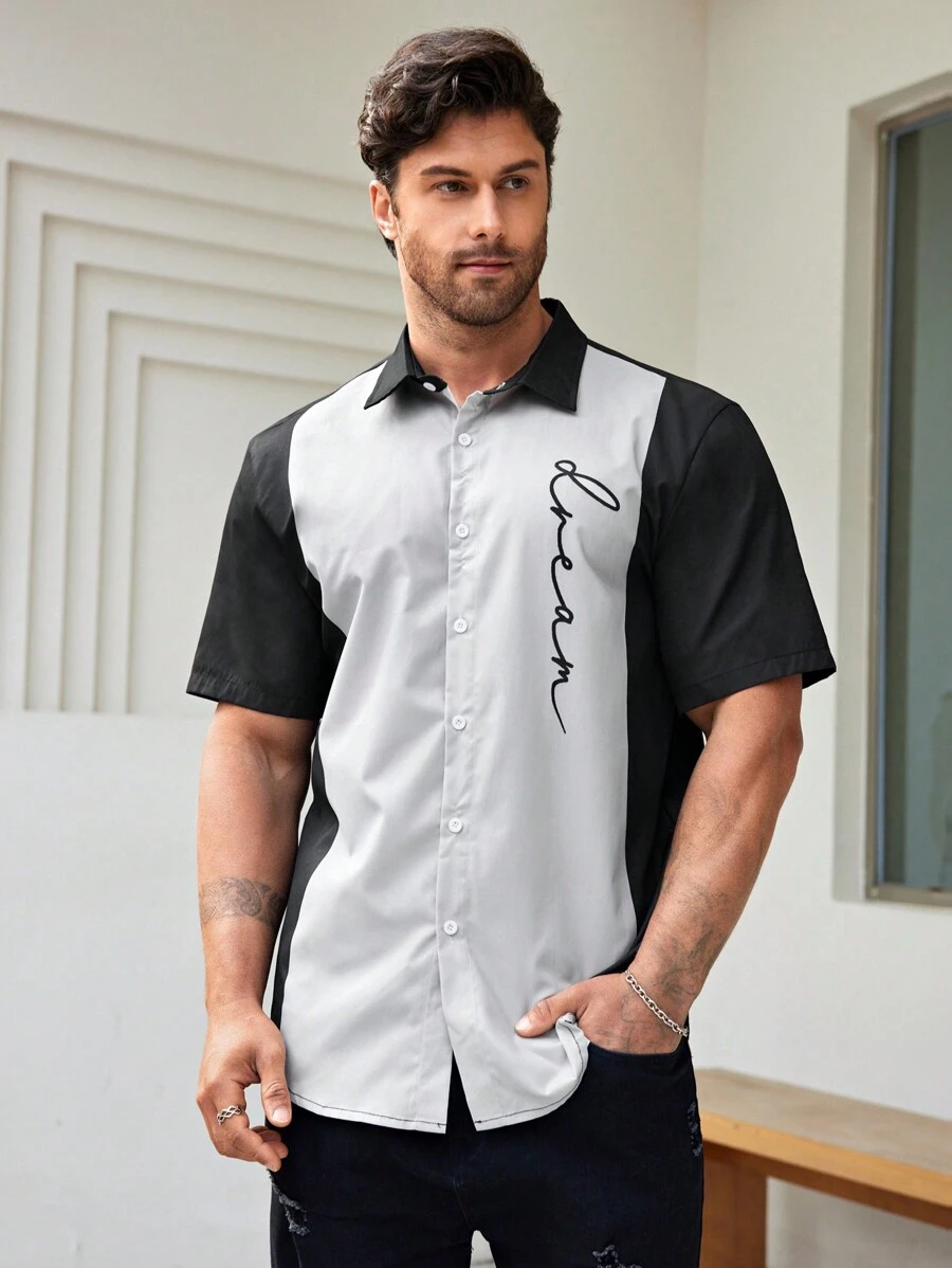 Manfinity Homme Camisa Masculina Plus Size Contrastante De Manga Curta Com Design Estampado - Cinza Claro - Visão 1