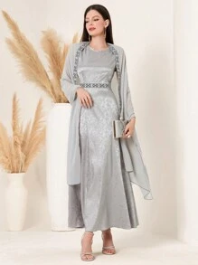 女士无袖圆领连衣裙配纯色披肩两件套 - 淺灰色 - 查看 6