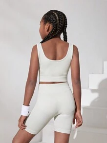 SHEIN Tween Girl Seamless Knitted Jacquard U Neck Vest Shorts Two-Piece Athletic Set - Mint Green - View 2