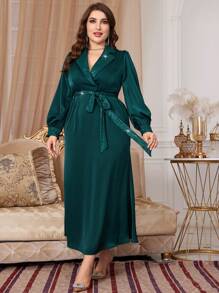 Modelyn 大尺碼翻領腰帶亮片裝飾連身裙 - 墨綠色 - 查看 5