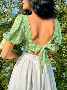 Soleia 女款印花泡泡袖方領露背前繫帶襯衫 - 綠色 - 查看 1