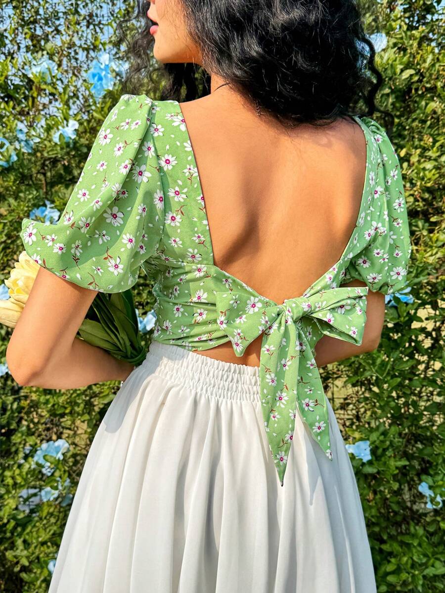 Soleia 女款印花泡泡袖方領露背前繫帶襯衫 - 綠色 - 查看 1