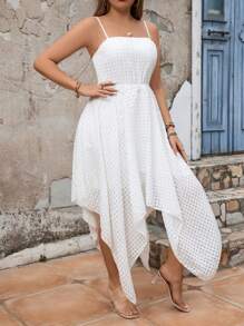 Breezaya Plus Size Solid Color Asymmetrical Hem Spaghetti Strap Dress - White - View 4