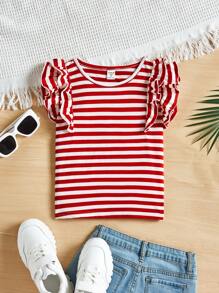 SHEIN Tween 女孩舒適條紋無袖荷葉邊下擺上衣