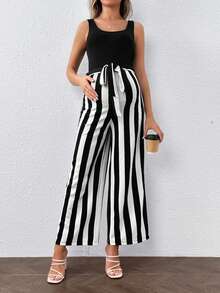 SHEIN 年輕孕婦2入組休閒背心上衣和可調節緊身腰部褲子 - 黑色 - 查看 3